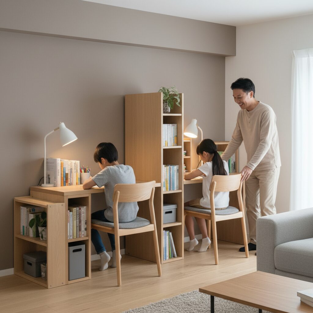 筆者作成イメージ：2人兄弟姉妹で使う机の選び方