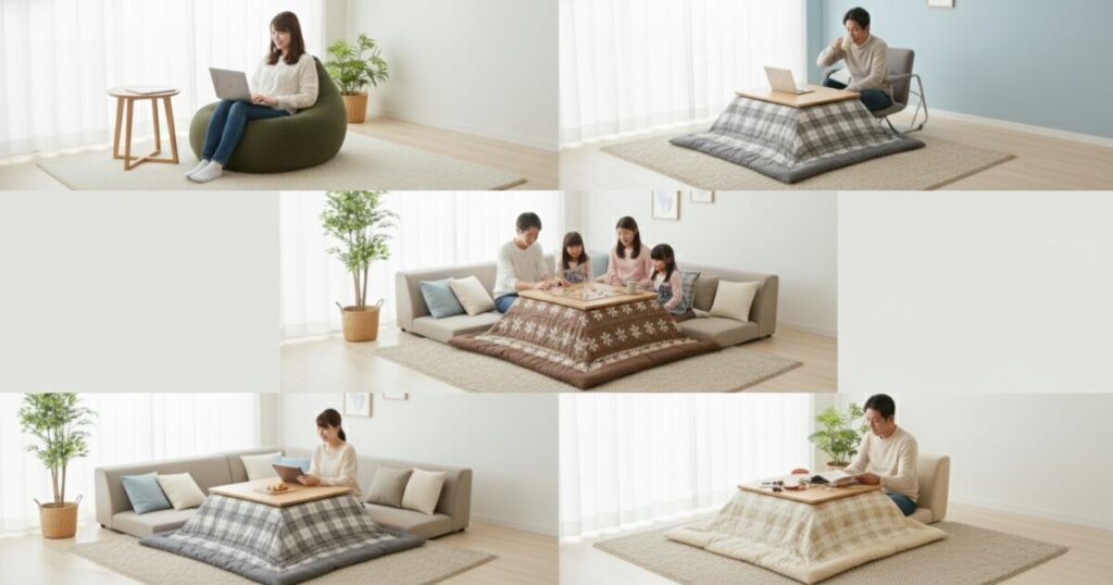 筆者作成イメージ：こたつにはソファと座椅子どっちが最適？