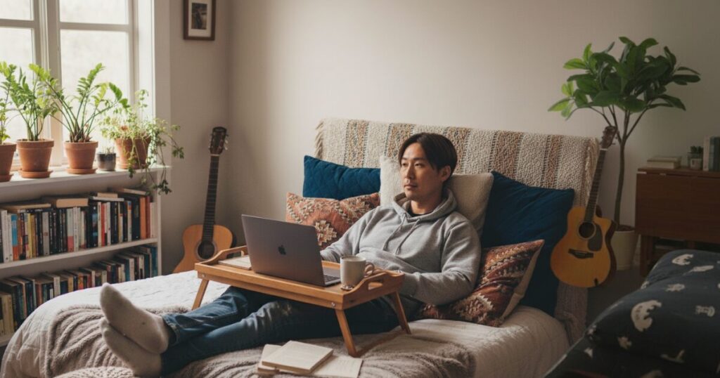 筆者作成イメージ：ソファの代わりにベッドを使うのは汚いですか？手入れと活用法