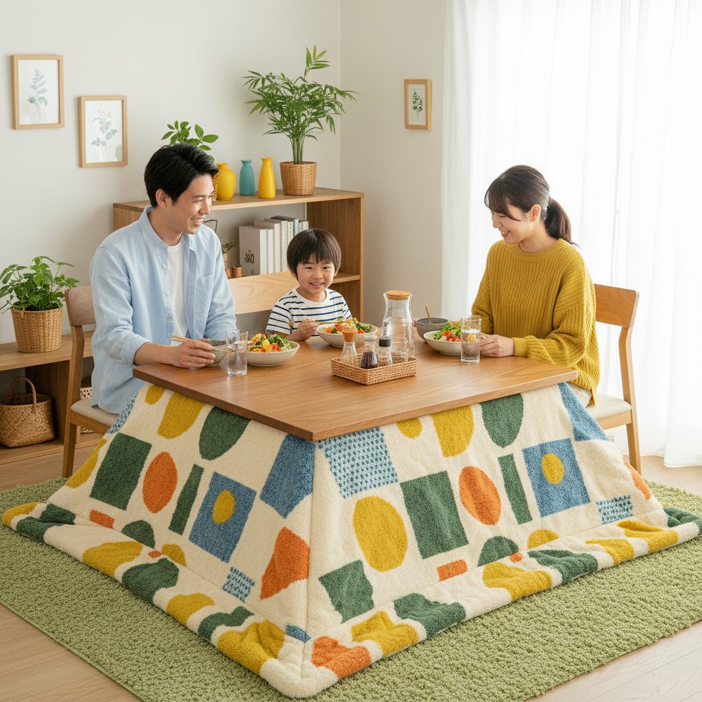 筆者作成イメージ：テーブルに合うこたつ布団をつける方法