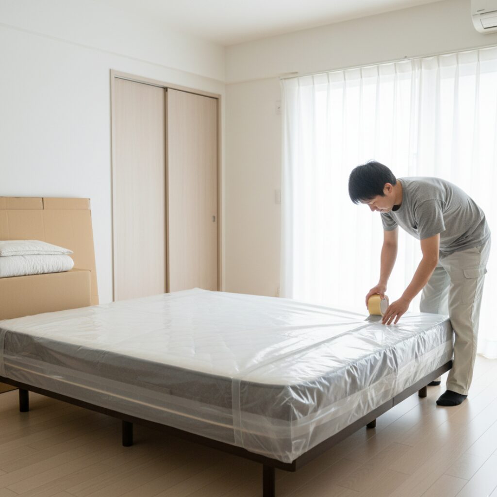 筆者作成イメージ：マットレスの梱包と運び方