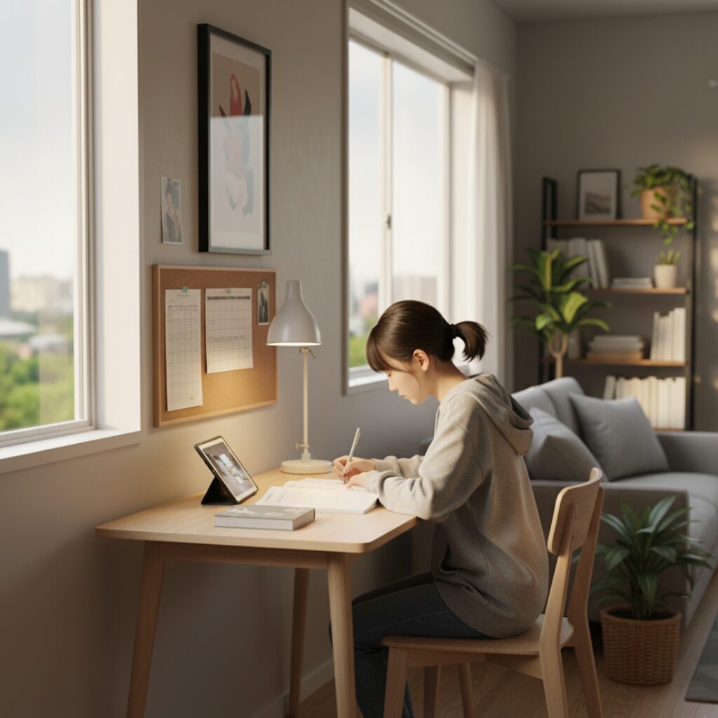 筆者作成イメージ：リビングにある学習机で勉強している10歳男子。