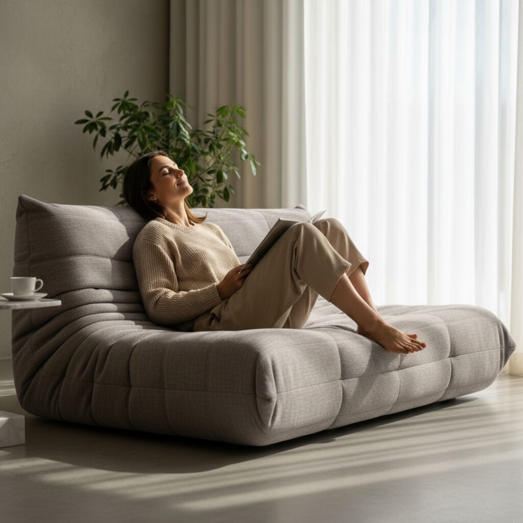 筆者作成イメージ:包み込まれる座り心地とトーゴソファの素材