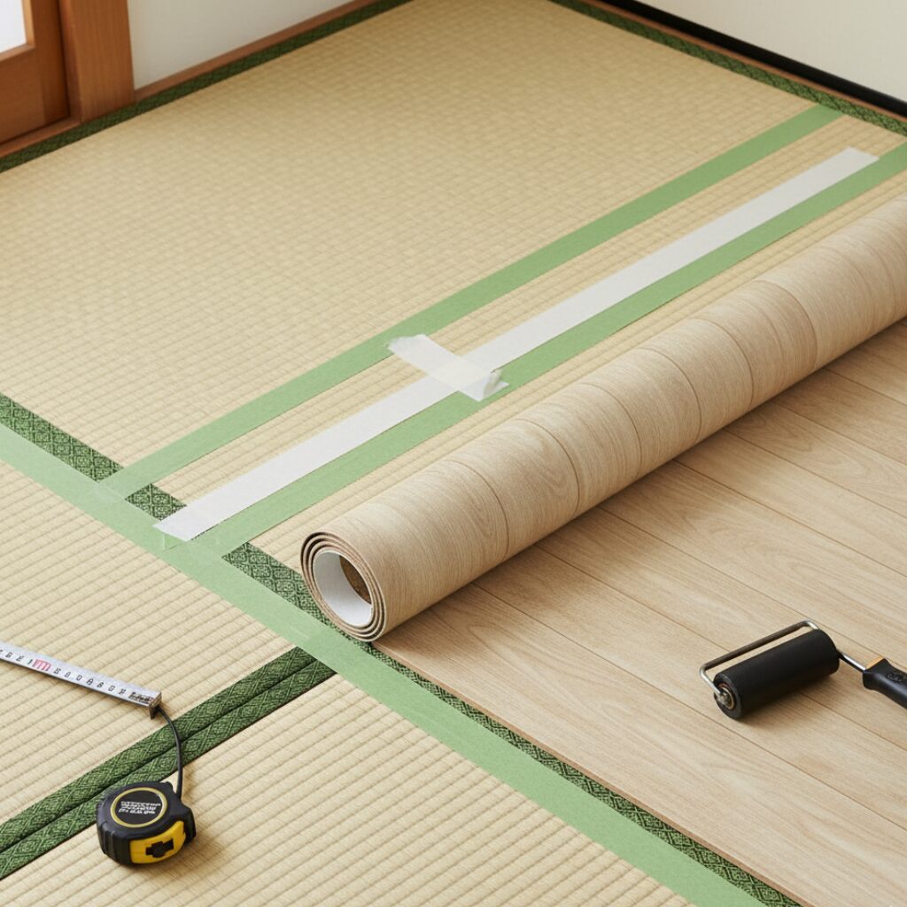 筆者作成イメージ:原状回復できるクッションフロアの固定方法