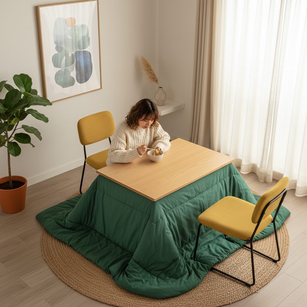 筆者作成イメージ：後付けヒーターでテーブルをこたつにリメイク