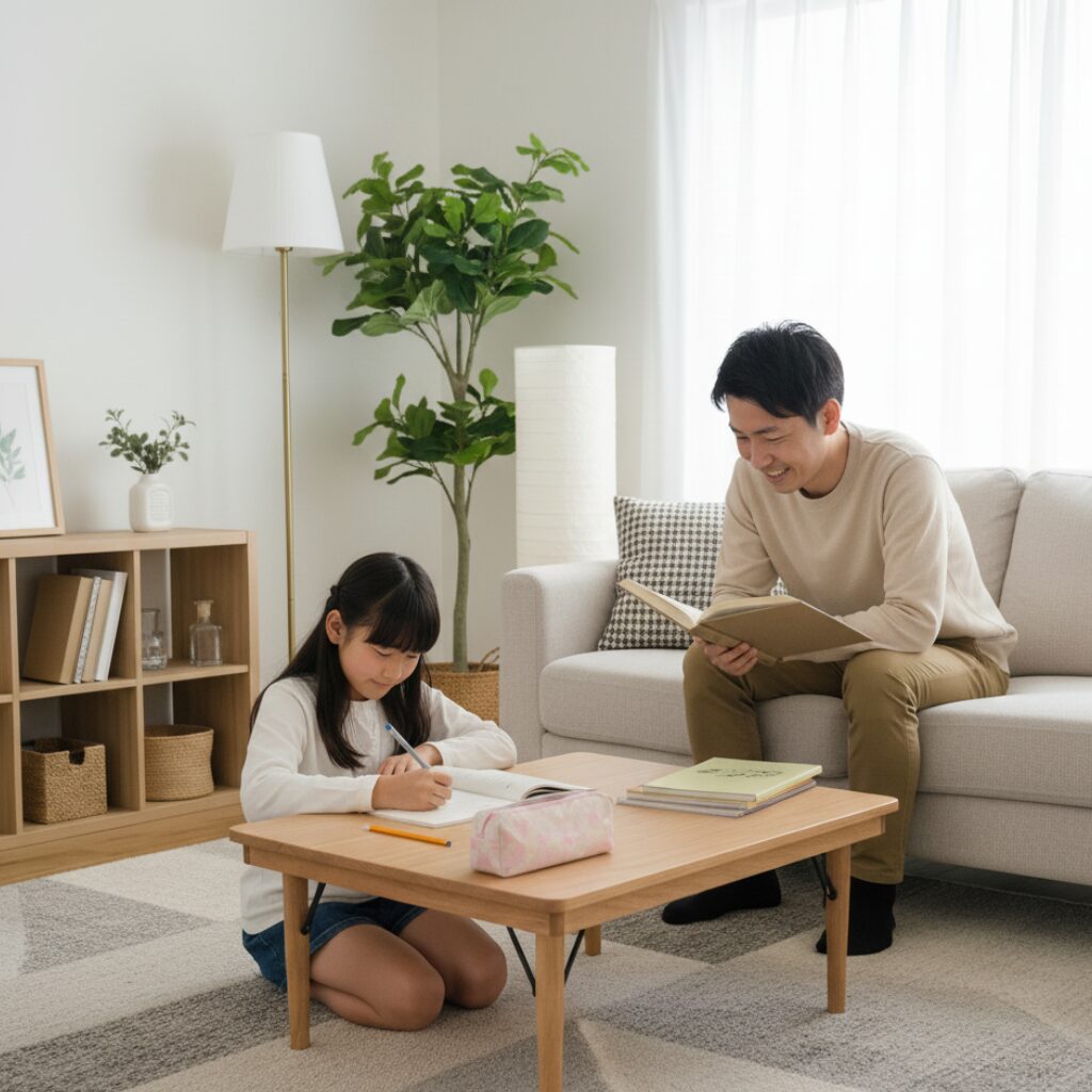 筆者作成イメージ：折りたたみ式デスクの利便性