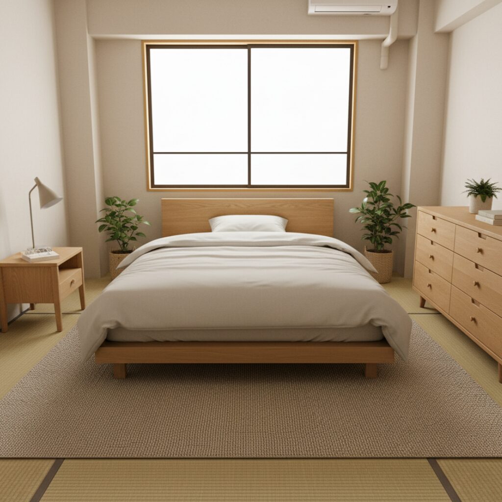 筆者作成イメージ:畳への凹み防止とベッドを置く方法