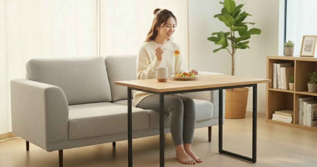 筆者作成イメージ:食事や作業が快適になるソファテーブル選びのポイント