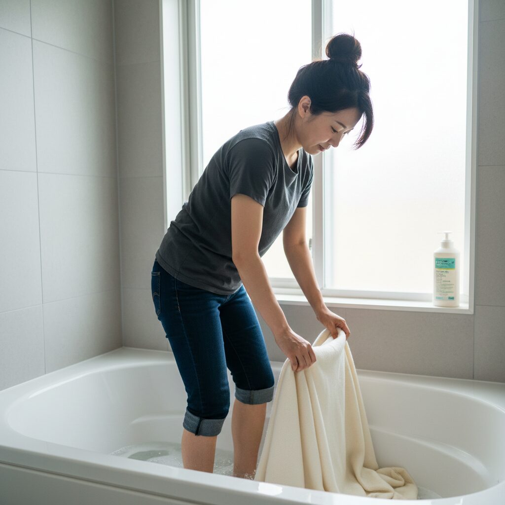 筆者作成イメージ：お風呂の浴槽で踏み洗いする方法