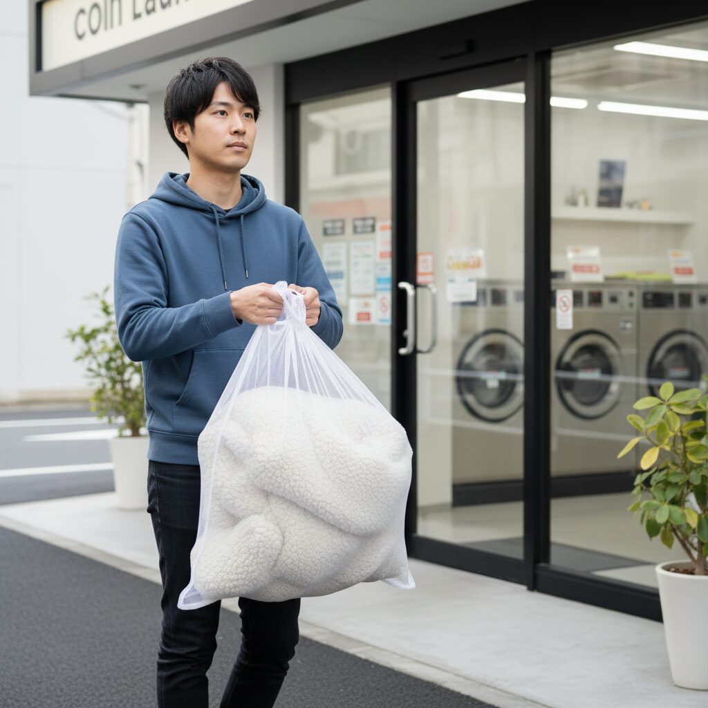 筆者作成イメージ：コインランドリーへの運搬に洗濯ネットを活用