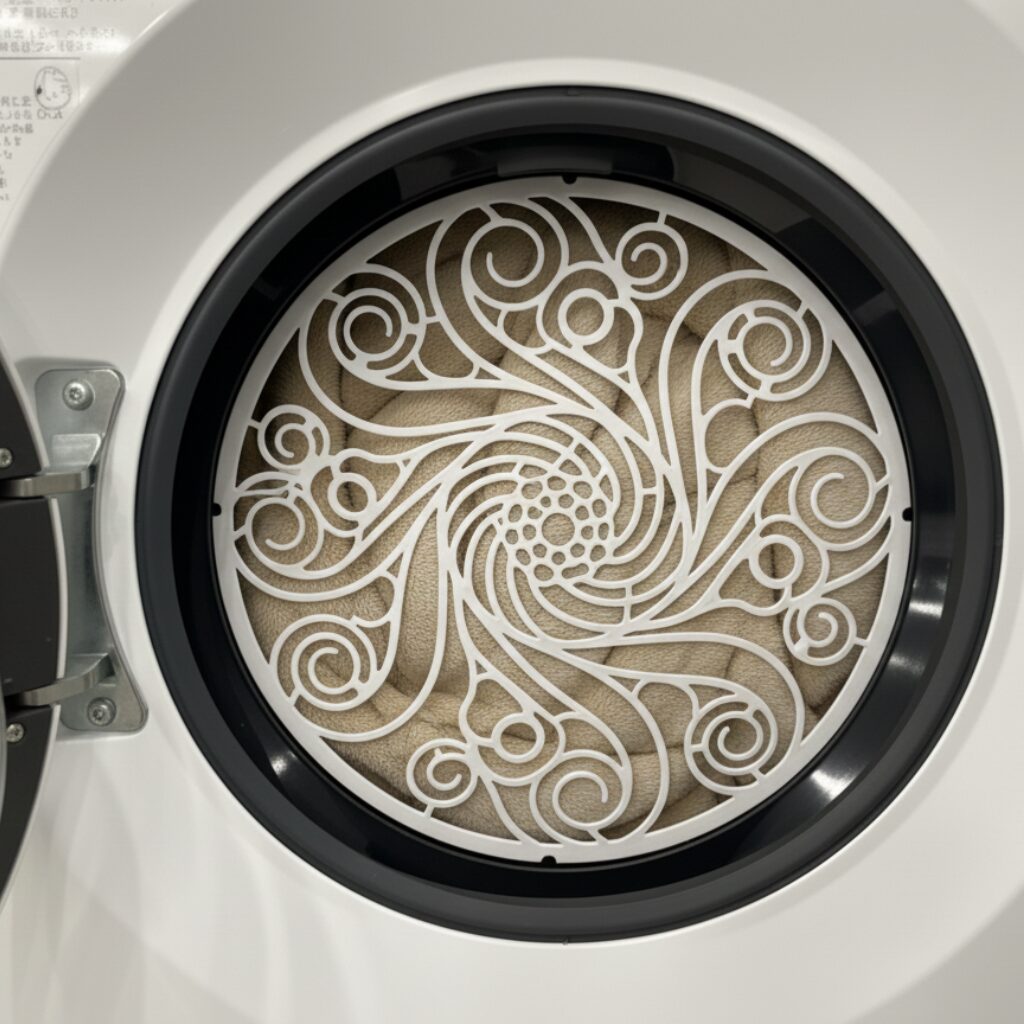 筆者作成イメージ：ドラム式は洗濯ネットより洗濯キャップが必須