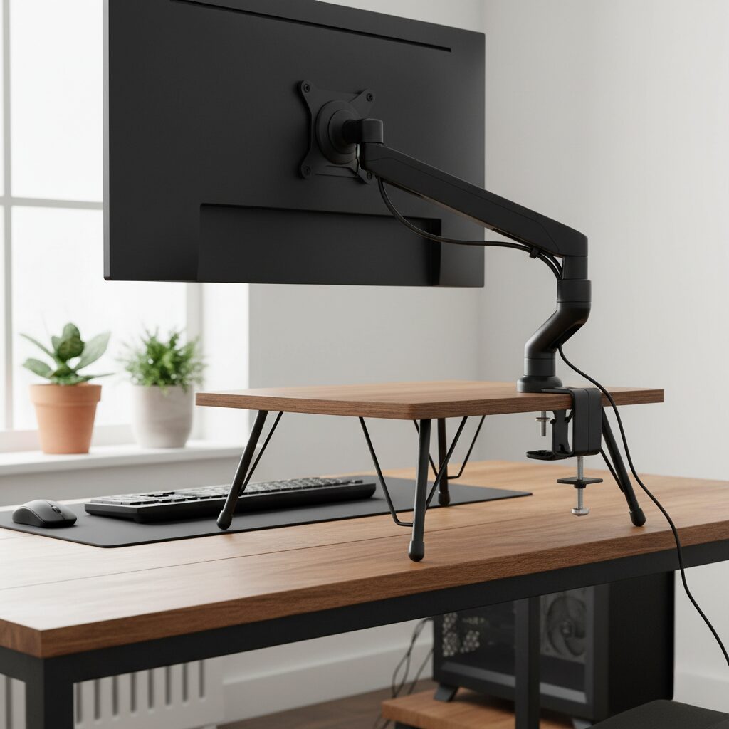 筆者作成イメージ：モニターアームを机の上台に設置すると倒れますか？