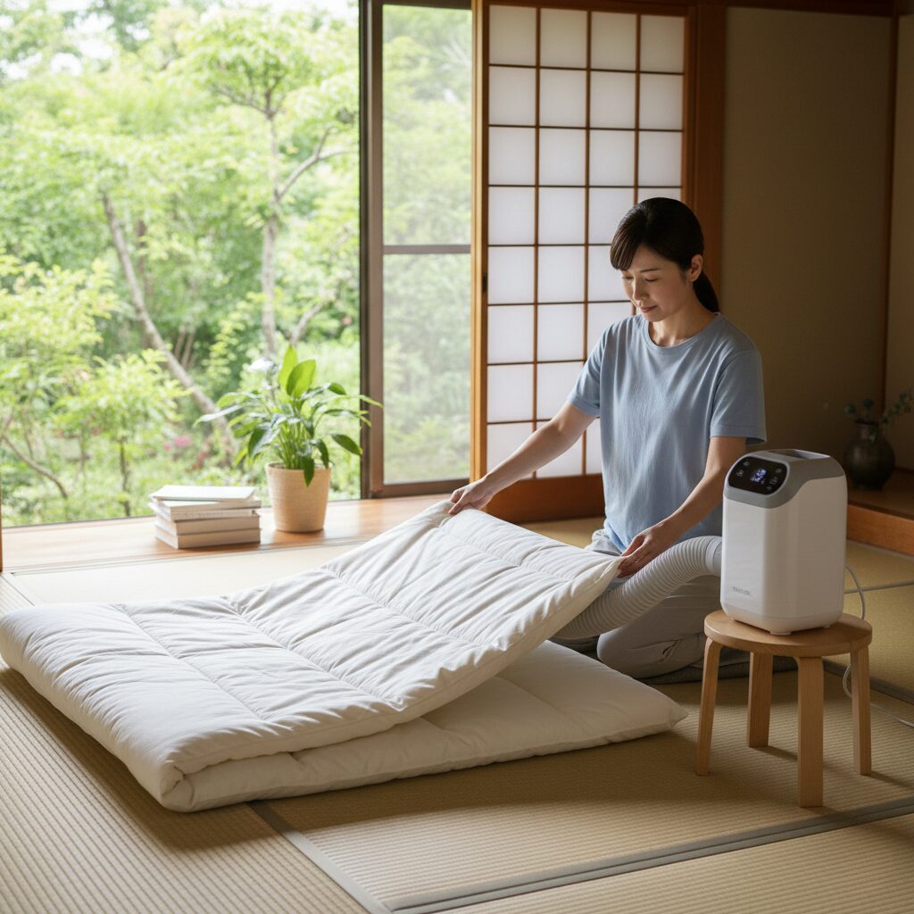 筆者作成イメージ:布団乾燥機の熱でダニを完全に駆除