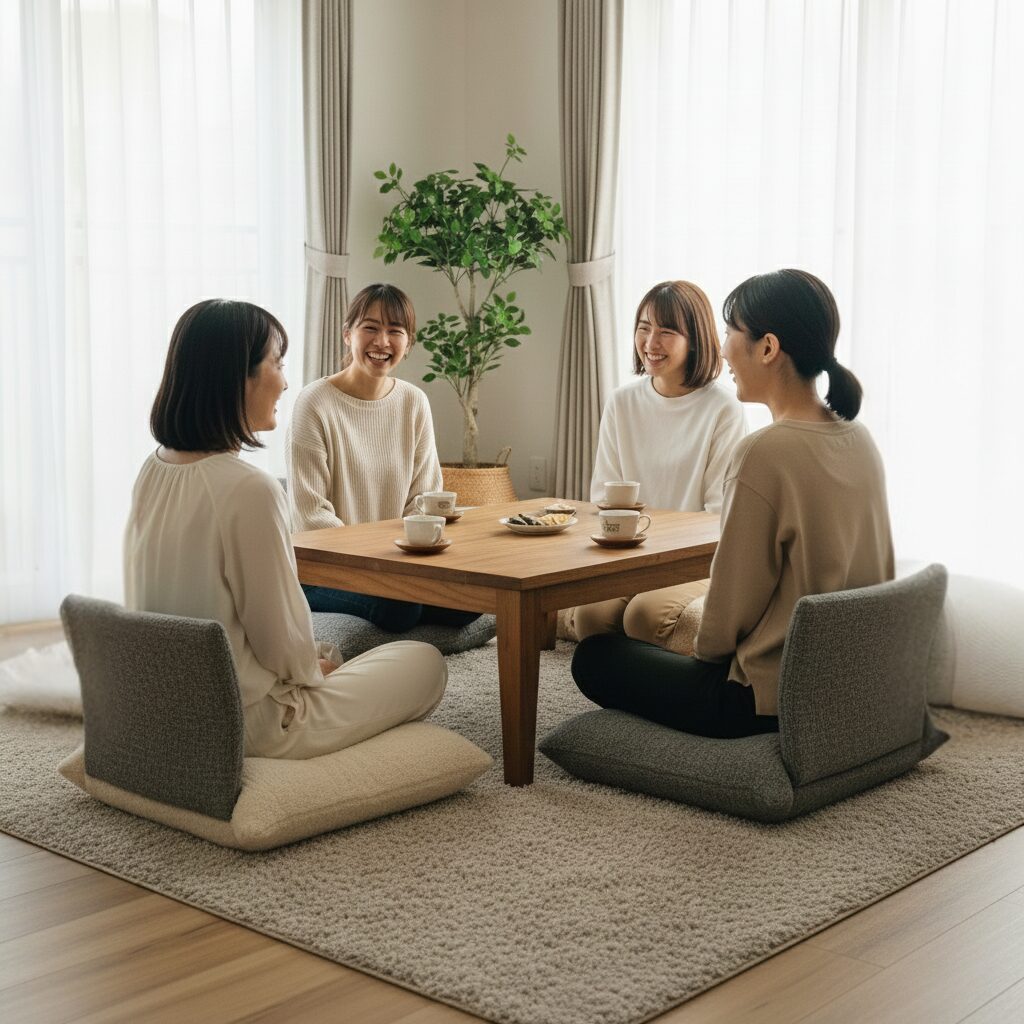 筆者作成イメージ:座椅子とクッションで柔らか席を作る