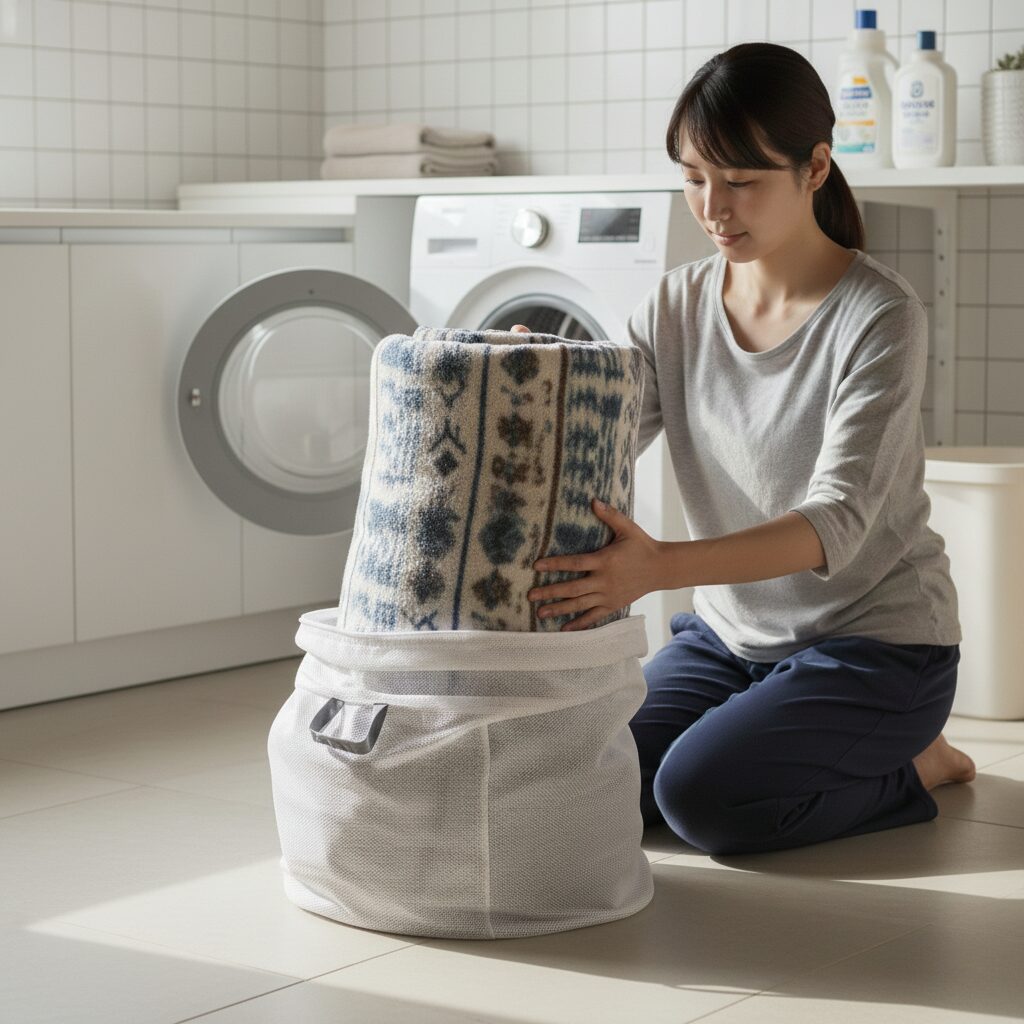 筆者作成イメージ：正しい毛布の畳み方と洗濯ネットへの入れ方