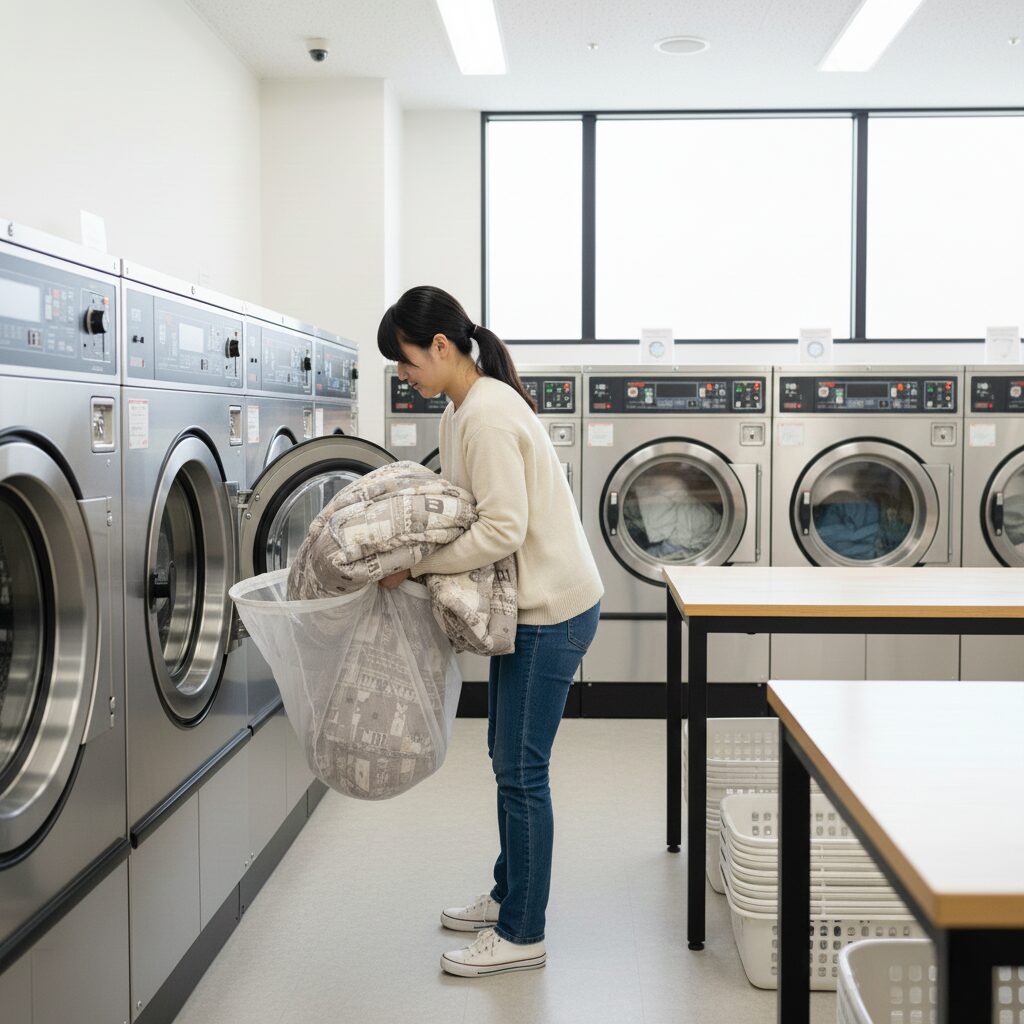 筆者作成イメージ：毛布が洗濯ネットに入らない時の対処法