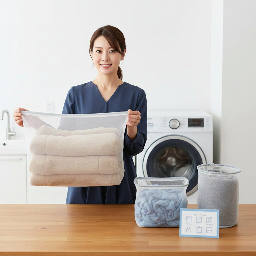 筆者作成イメージ：毛布用洗濯ネットの最適なサイズと大きさ