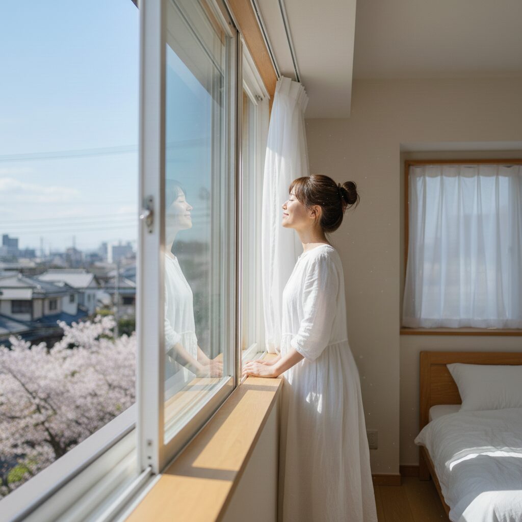 筆者作成イメージ:終了後の換気と布団カバーの洗濯