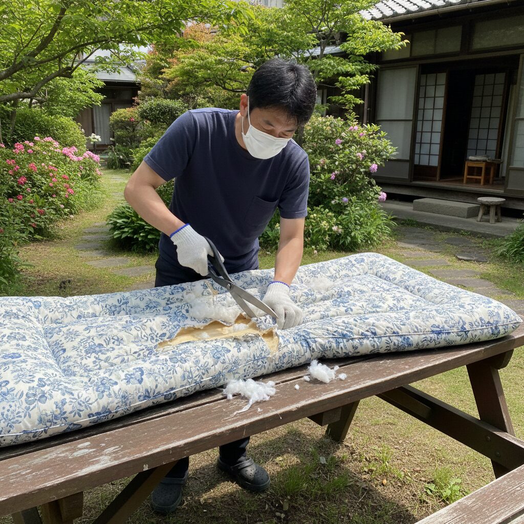 筆者作成イメージ：布団を切って捨てる方法と推奨する道具