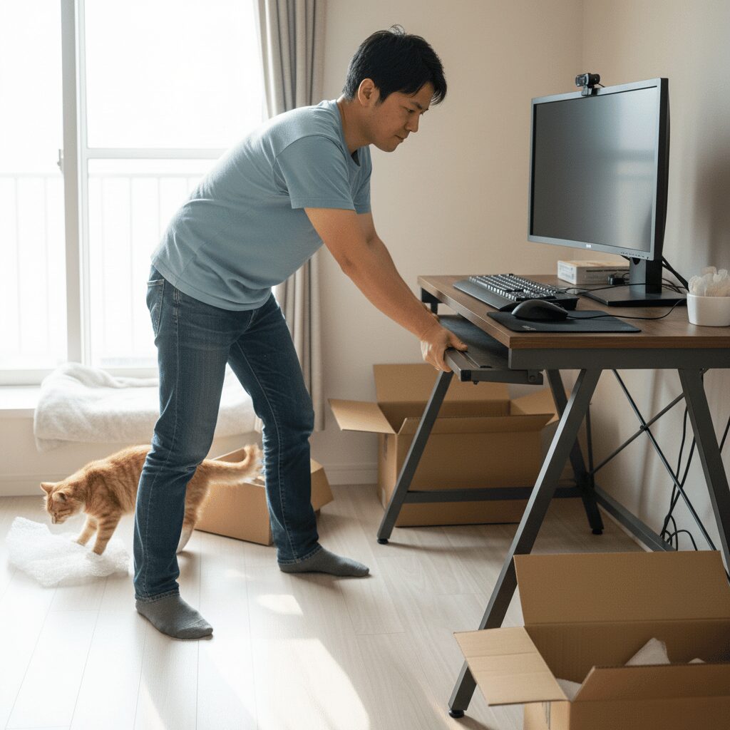 筆者作成イメージ：テレビ台や収納の揺れと表面剥離への注意点