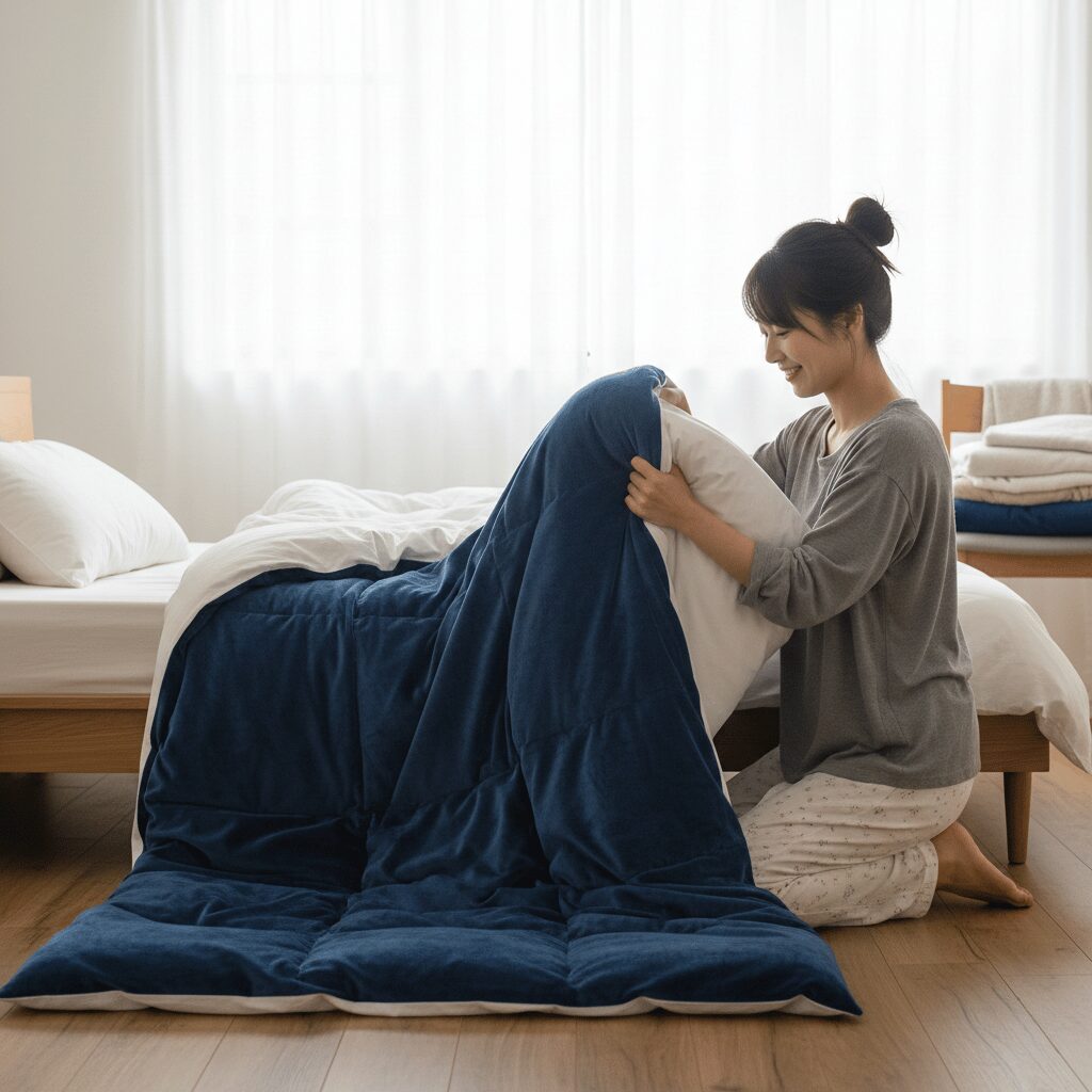 筆者作成イメージ：布団と毛布がズレない快適な寝心地