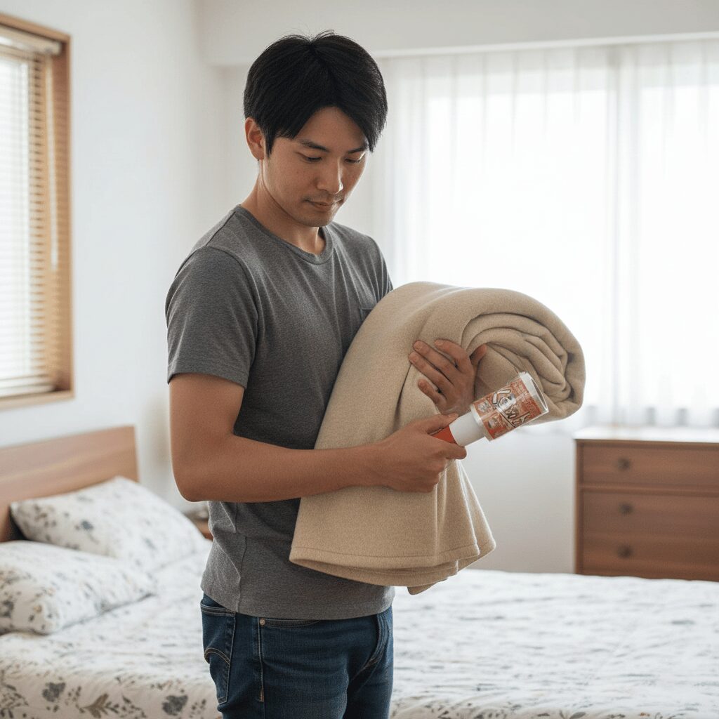 筆者作成イメージ：掃除機なしで毛布を圧縮する裏ワザ