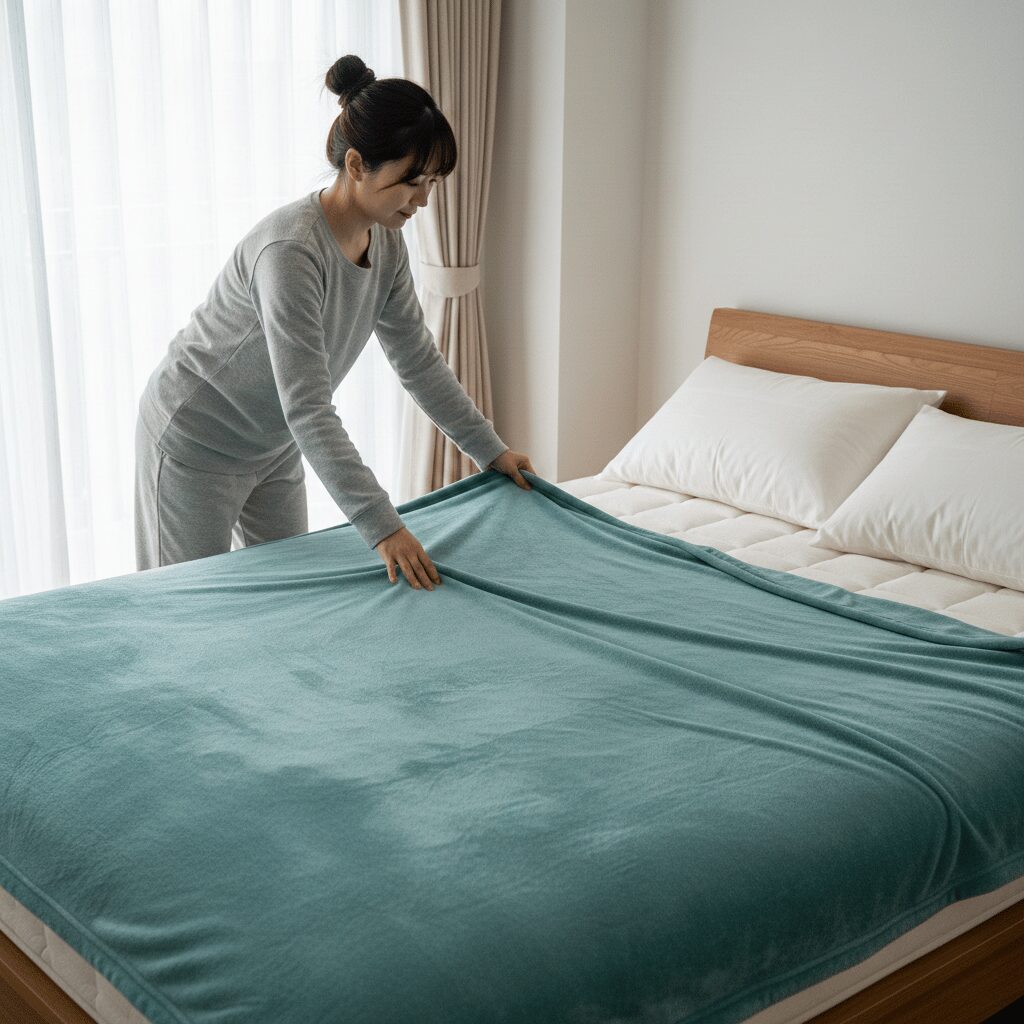 筆者作成イメージ：暖かい使い方は掛けるより敷き毛布