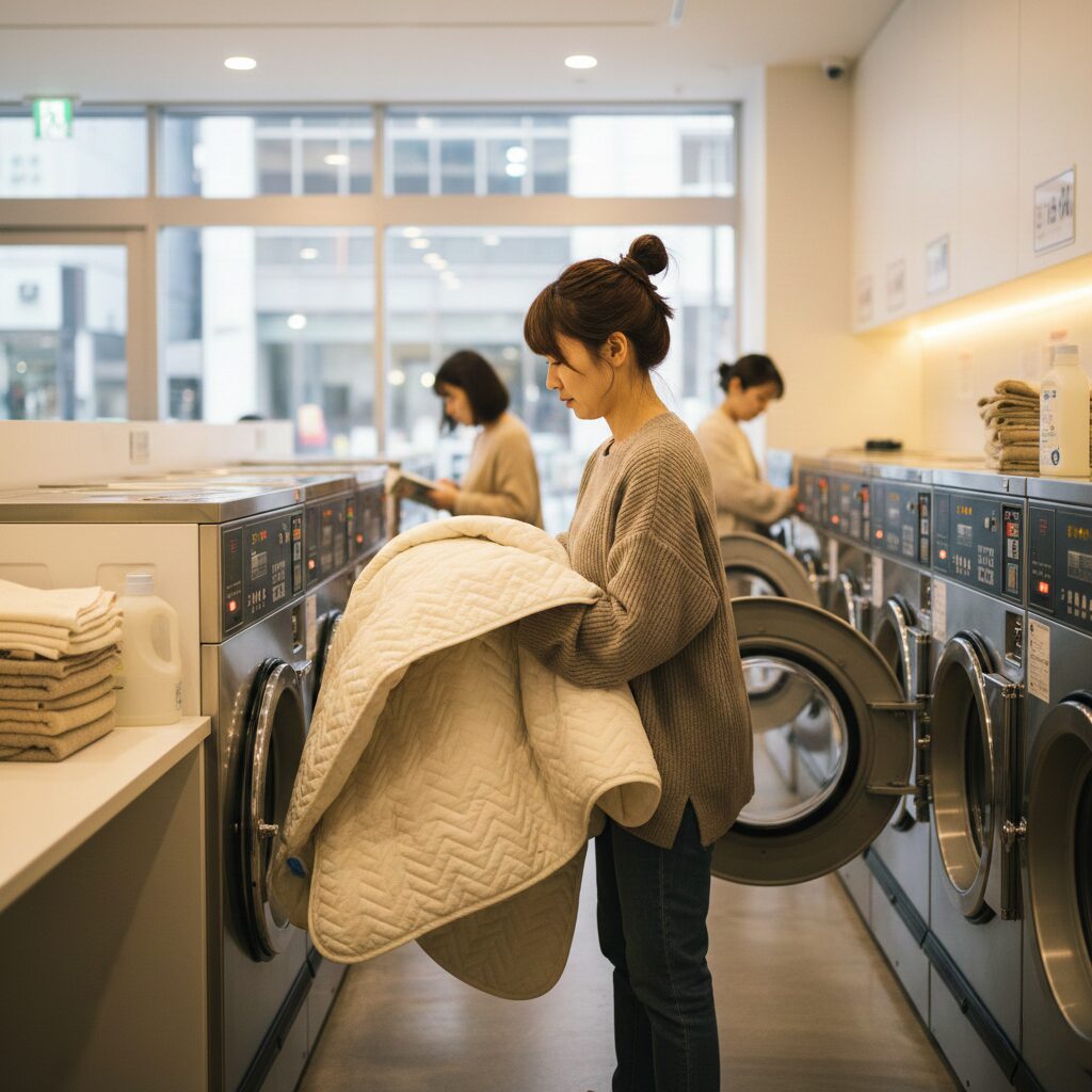 筆者作成イメージ：濡れたままコインランドリーへ持ち込む