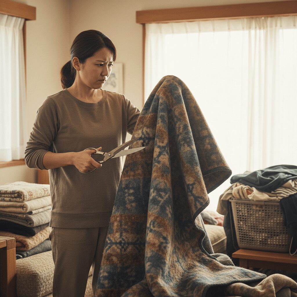 筆者作成イメージ：素材で変わる毛布の切り方と難易度