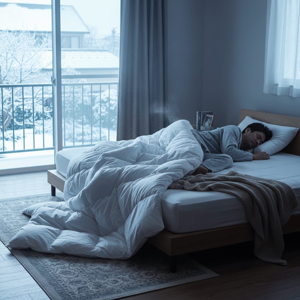 筆者作成イメージ:羽毛布団と毛布がずれる対策