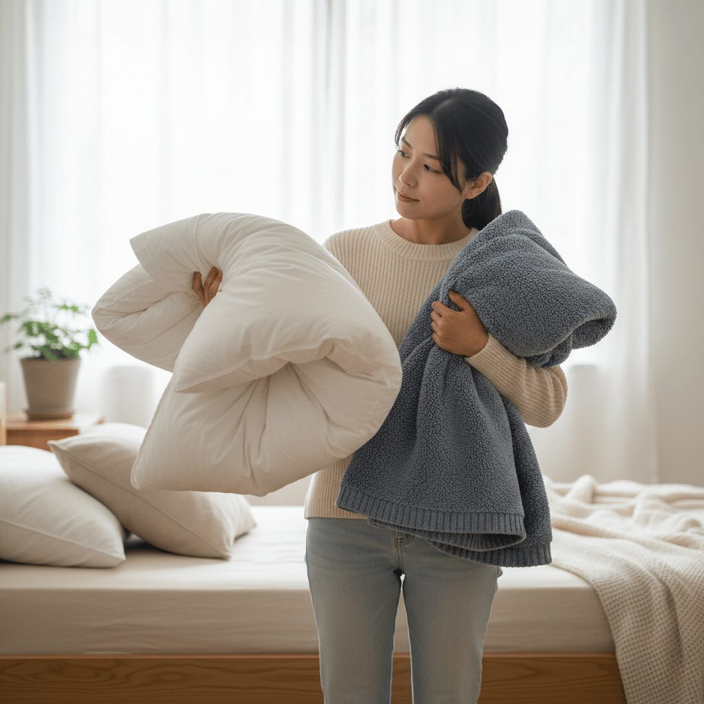 筆者作成イメージ：羽毛布団と毛布は上か下か正しい順番