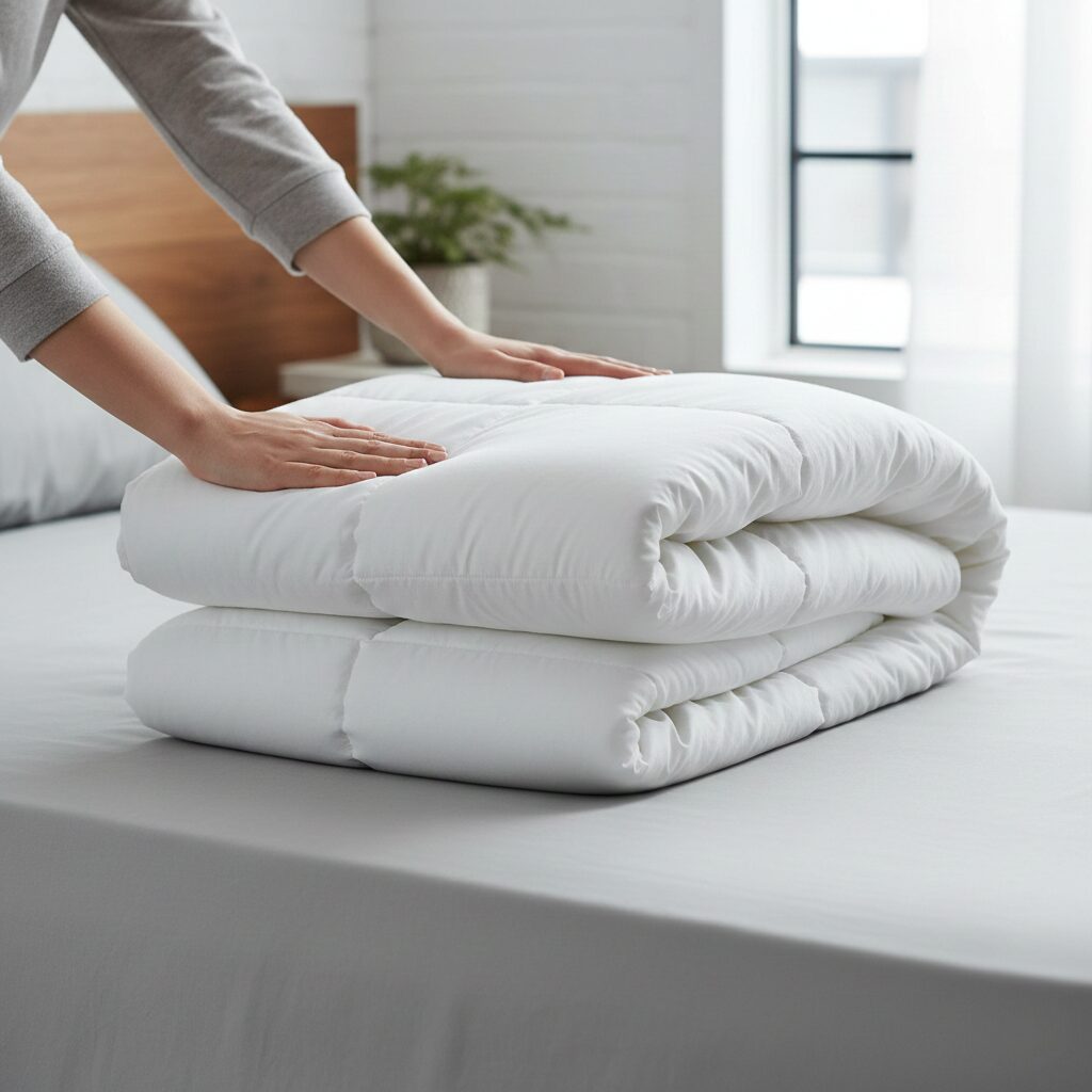 筆者作成イメージ:羽毛布団のたたみ方と収納のコツ