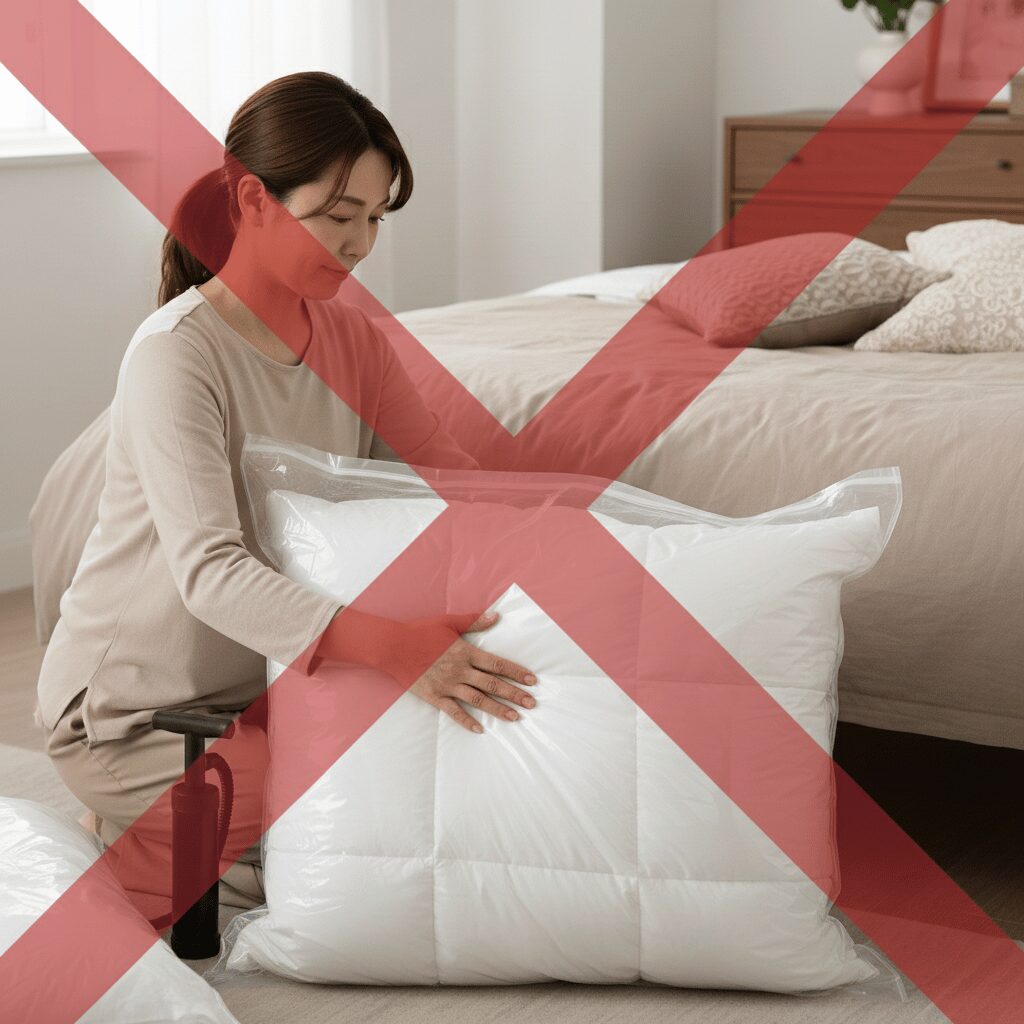 筆者作成イメージ:羽毛布団の収納袋選びとオフシーズンの収納術