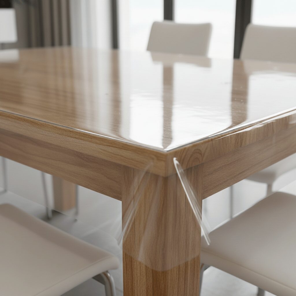 筆者作成イメージ：透明マットでテーブルを保護する