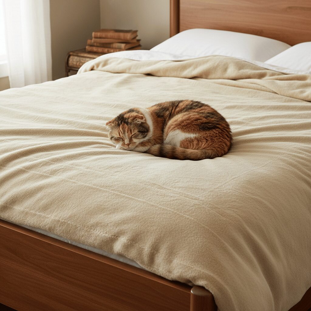 筆者作成イメージ：静電気を防いでペットと寝る