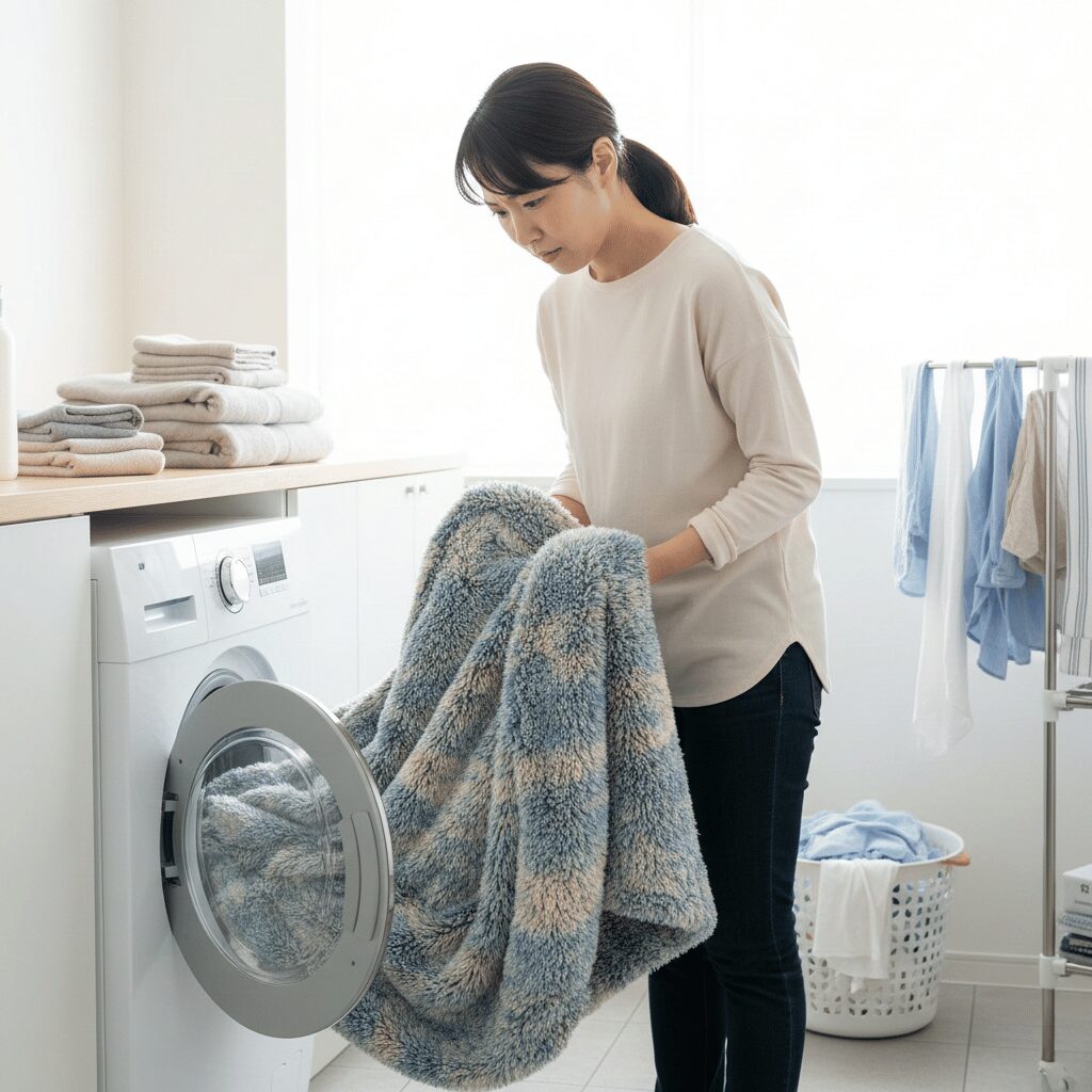 筆者作成イメージ：アクリルやポリエステルの毛布は縮む？