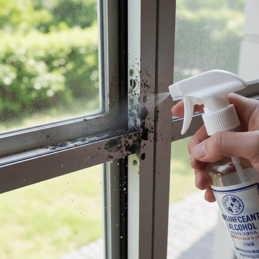 筆者作成イメージ：サッシの腐食を防ぐ掃除とカビ取り