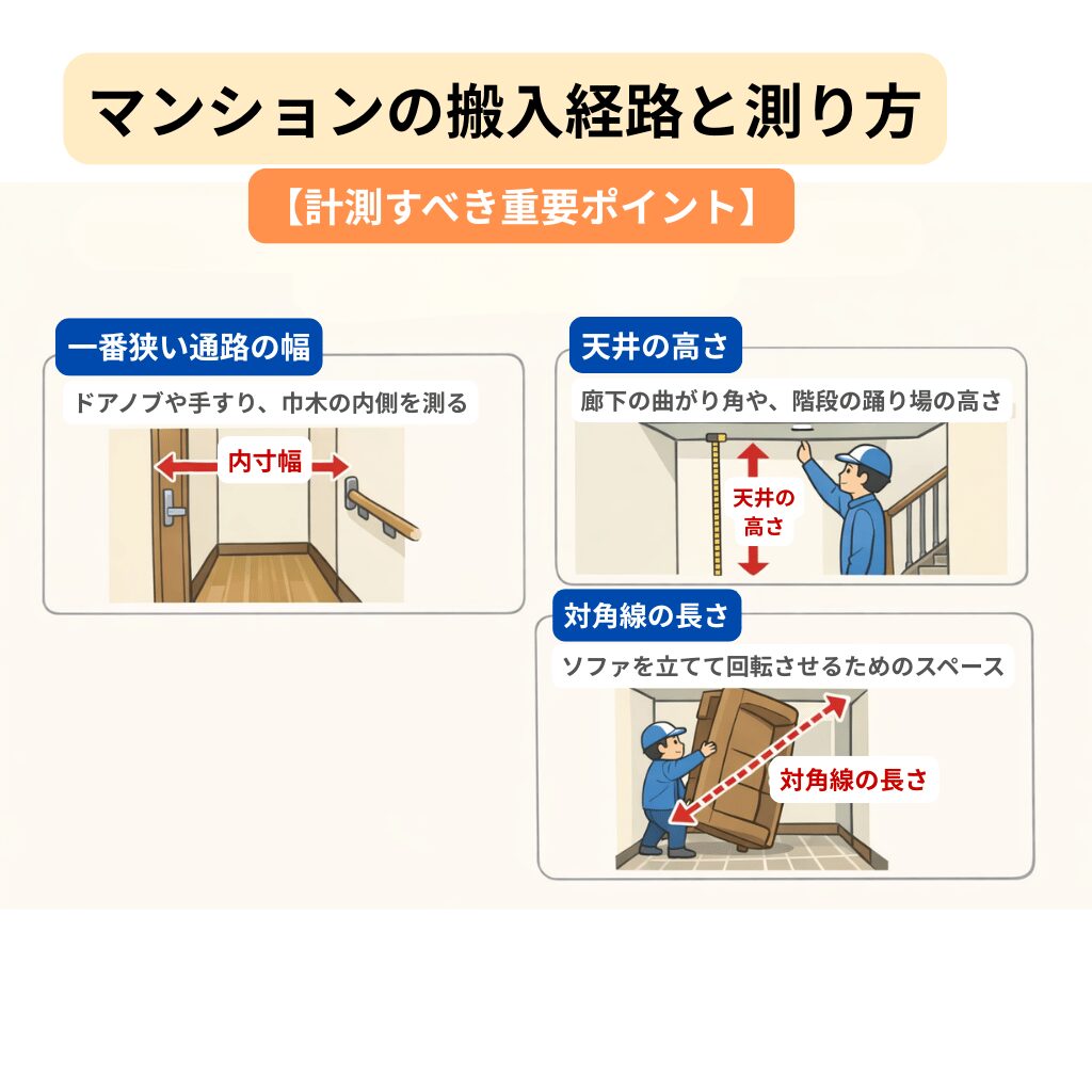 筆者作成イメージ:マンションの搬入経路と測り方