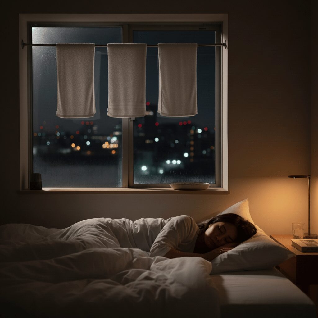 筆者作成イメージ：加湿器の代わりになる濡れタオルの効果