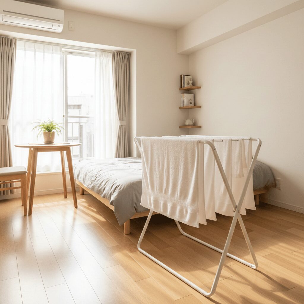 筆者作成イメージ：加湿器の代用は濡れタオル