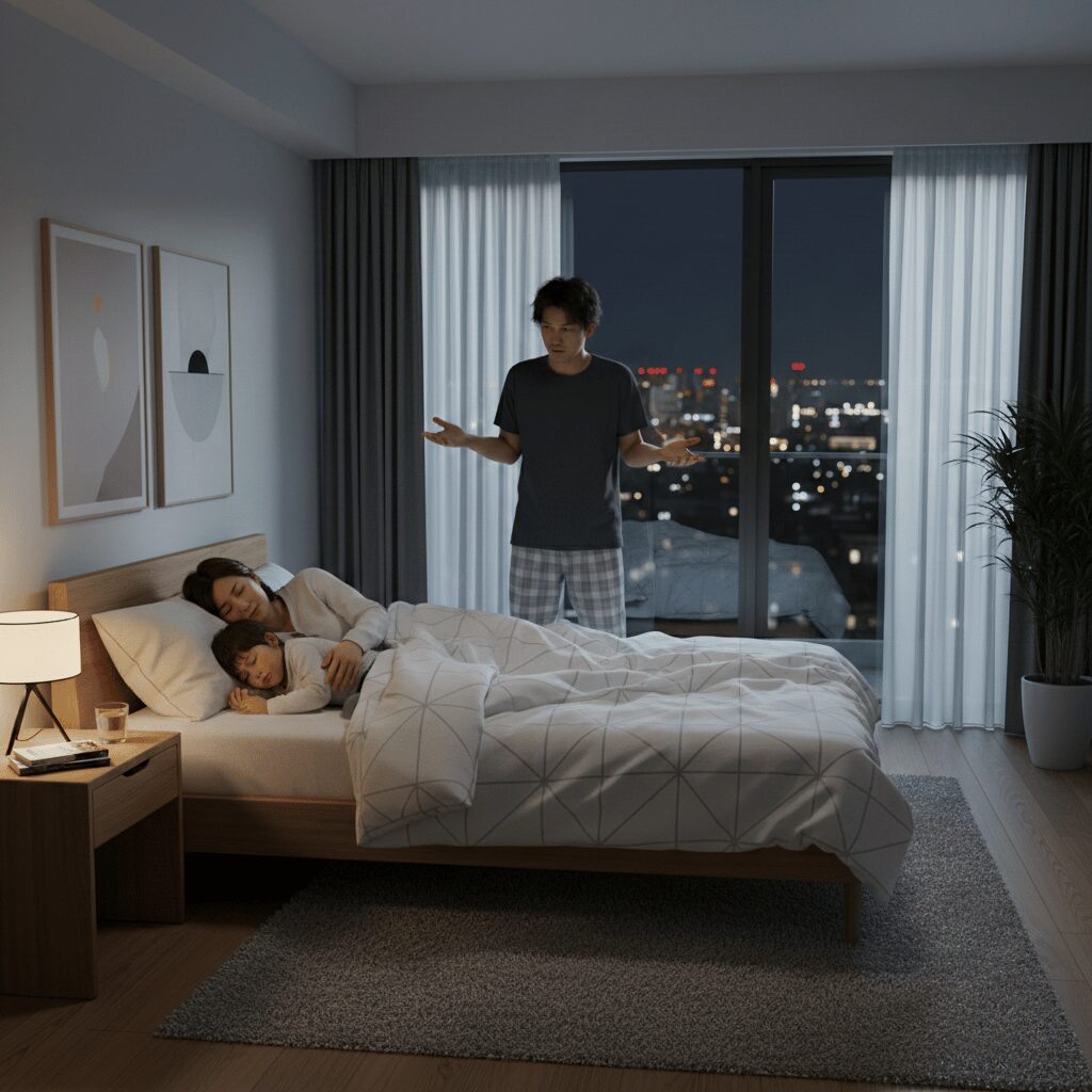 筆者作成イメージ：子供と添い寝は無理？3人で寝るリスク