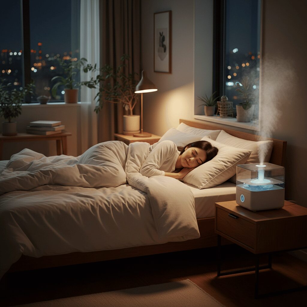 筆者作成イメージ：寝室での上手な加湿器の使い方