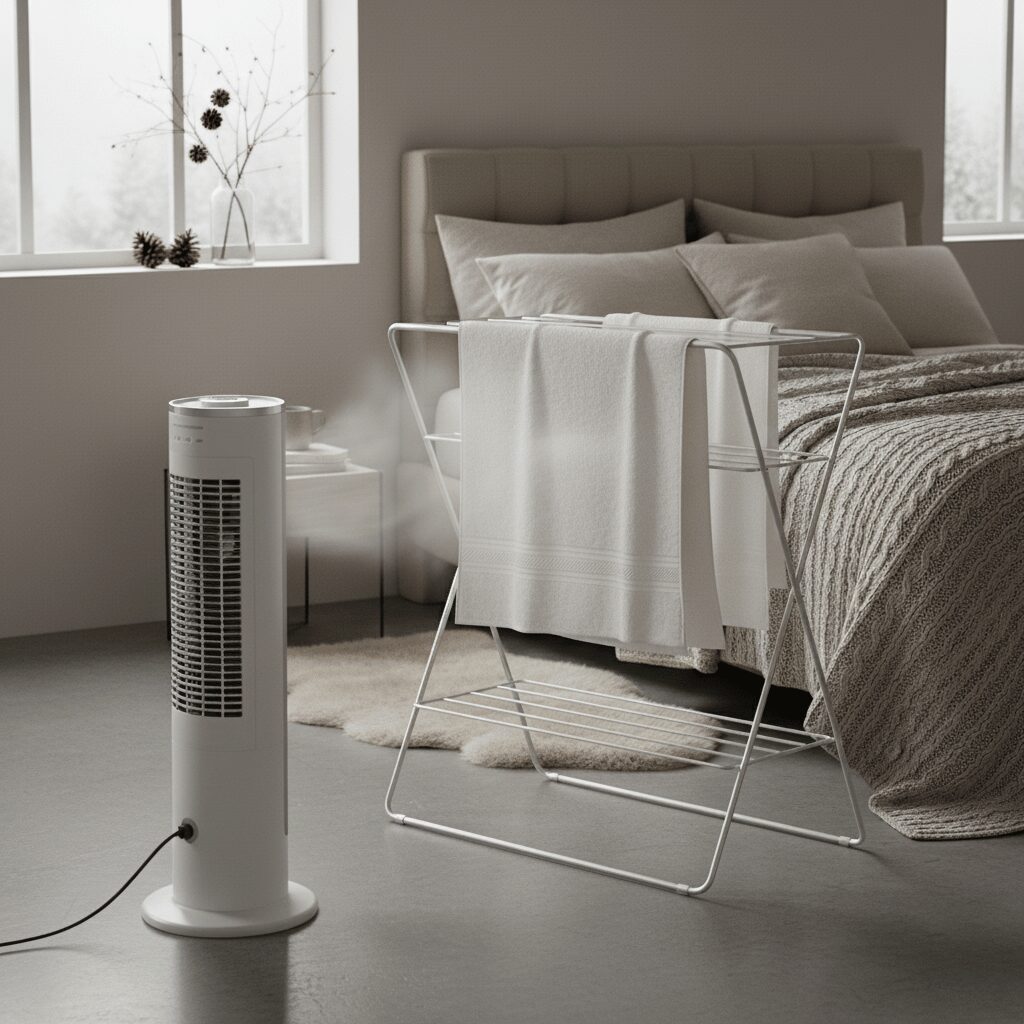 筆者作成イメージ：濡れタオルを干して湿度を上げる方法