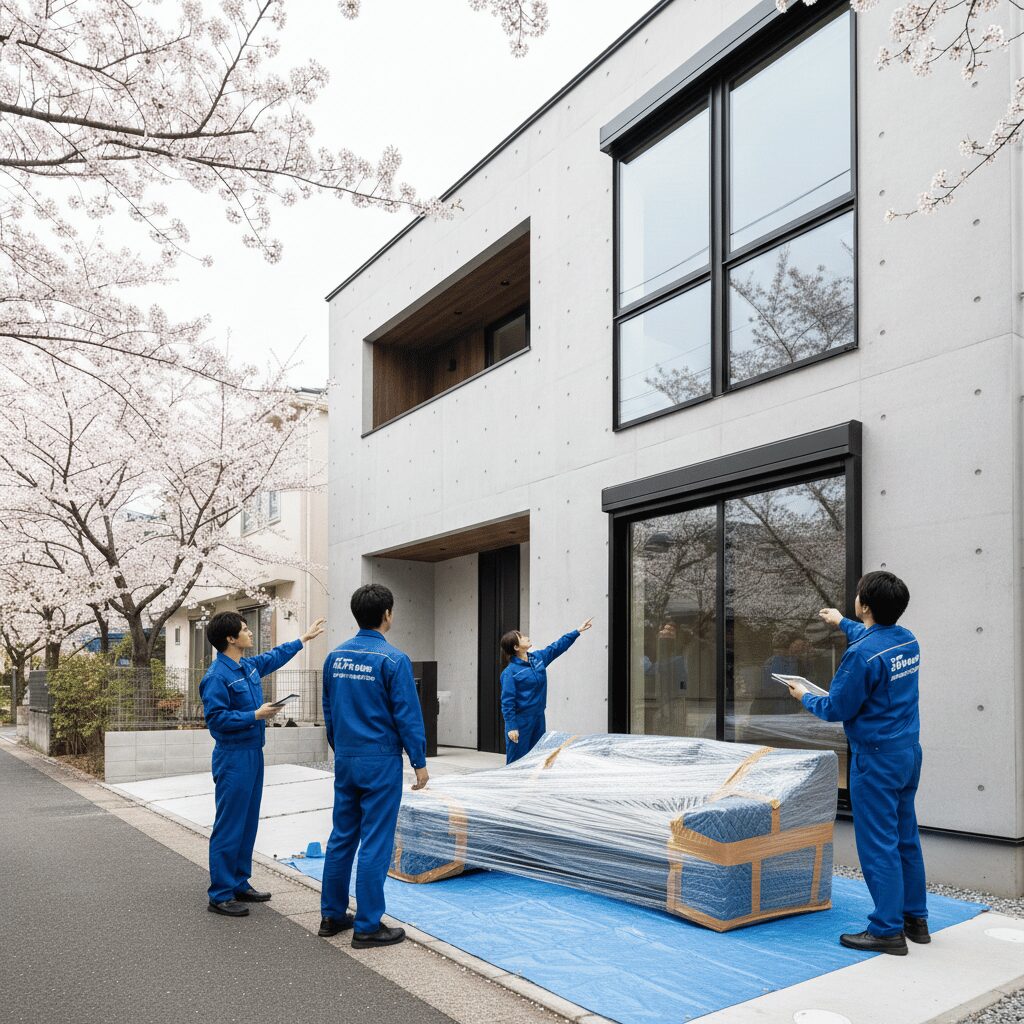 筆者作成イメージ:窓からロープで吊り上げ搬入する方法