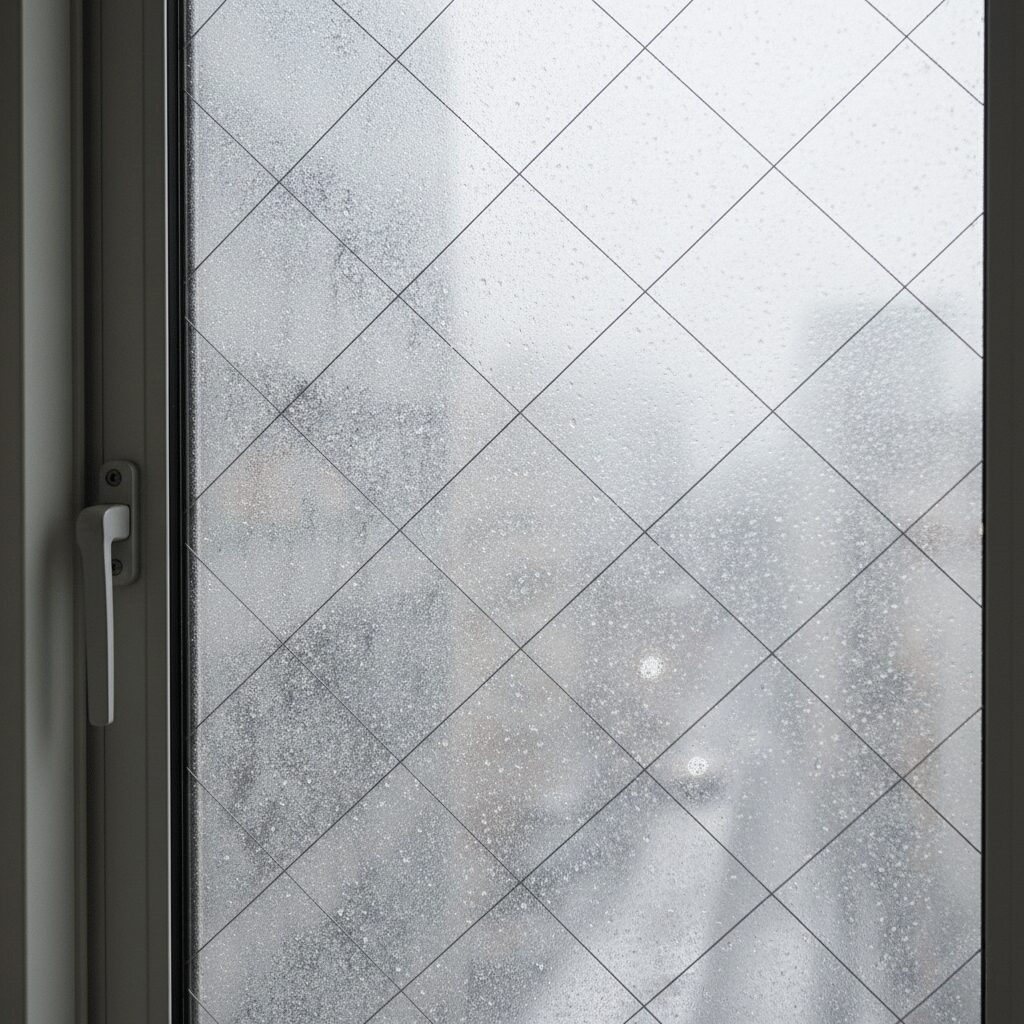 筆者作成イメージ：網入りガラスの熱割れリスクとフィルムの注意点