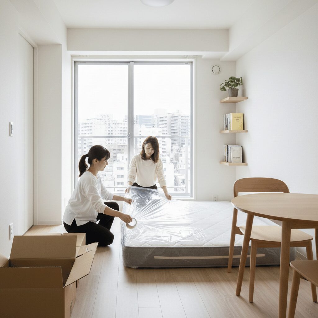 筆者作成イメージ：運搬中の汚れを防ぐ梱包資材と圧縮の可否