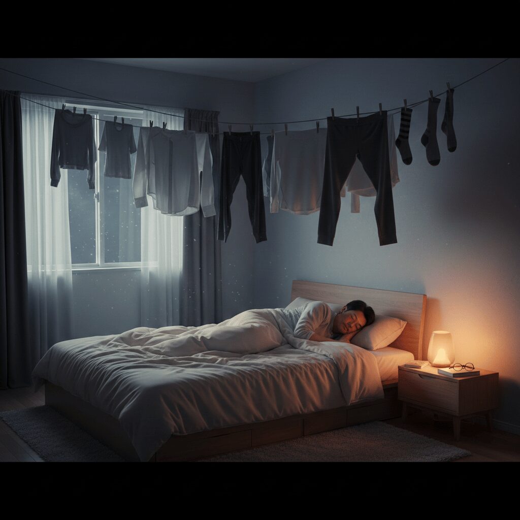 筆者作成イメージ：部屋干しは結露の原因になるので注意